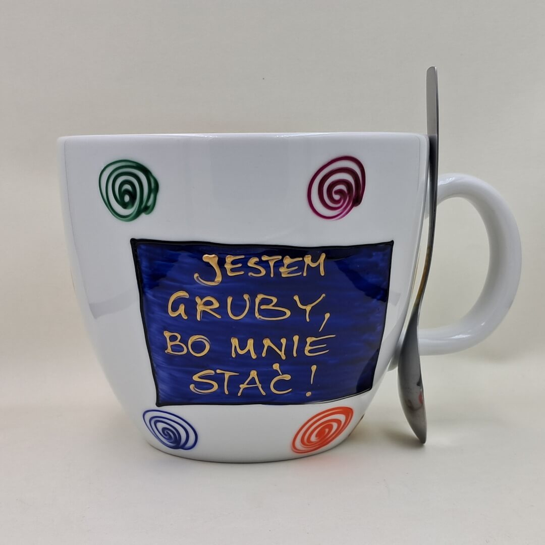 Wielki, ręcznie malowany kubek 1 litr "Jestem gruby, bo..." - obrazek 2