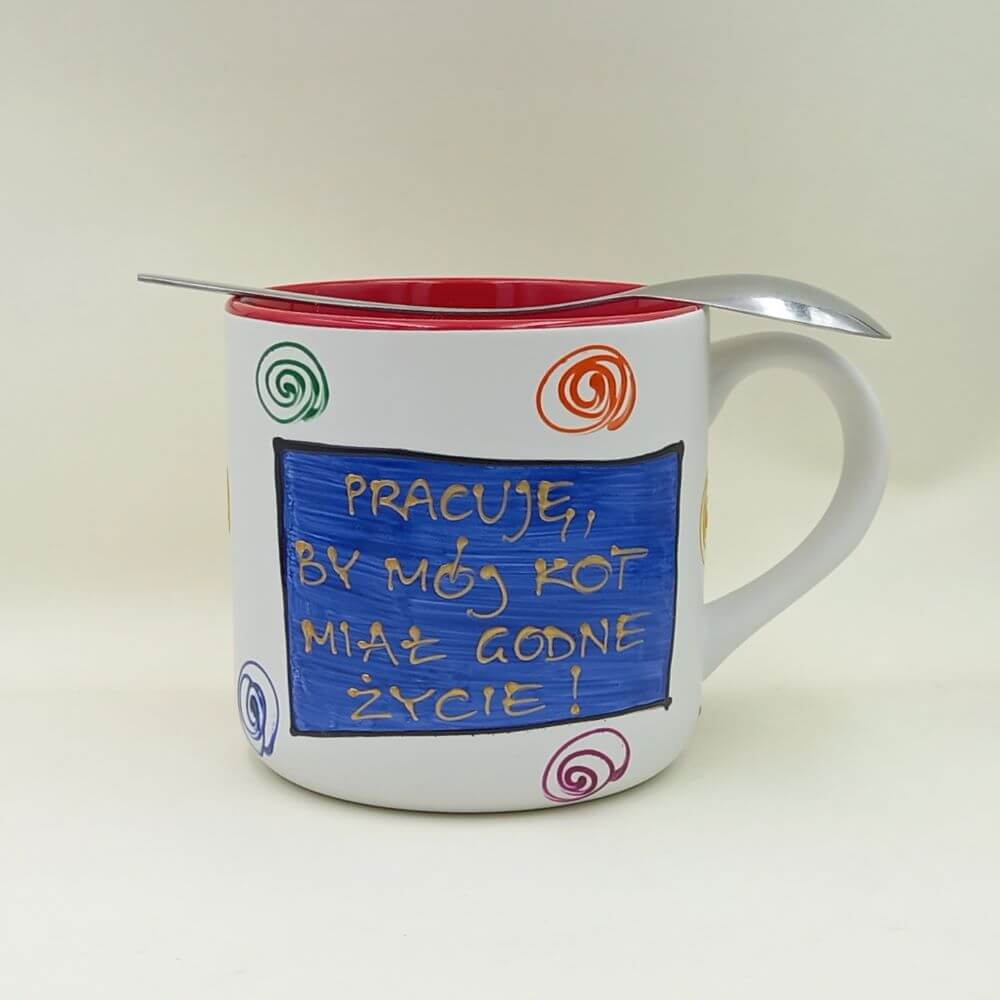 Ręcznie malowany kubek 400 ml "Pracuję, by mój Kot..." - obrazek 2